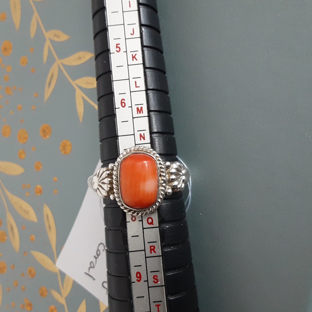 COPY - Red / orange  coral  sterling silver ring - Picture 5 of 6